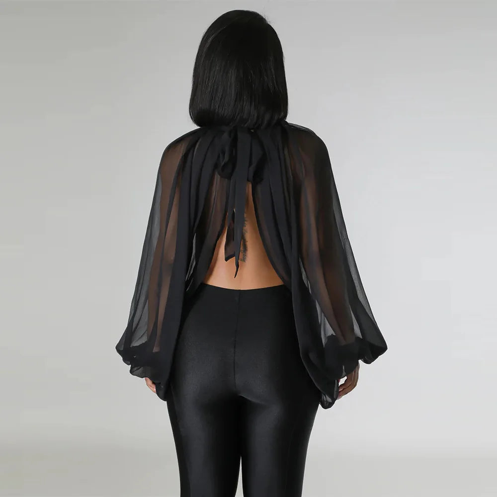 Sheer Lantern Sleeve Blouse with Tie Back for Women