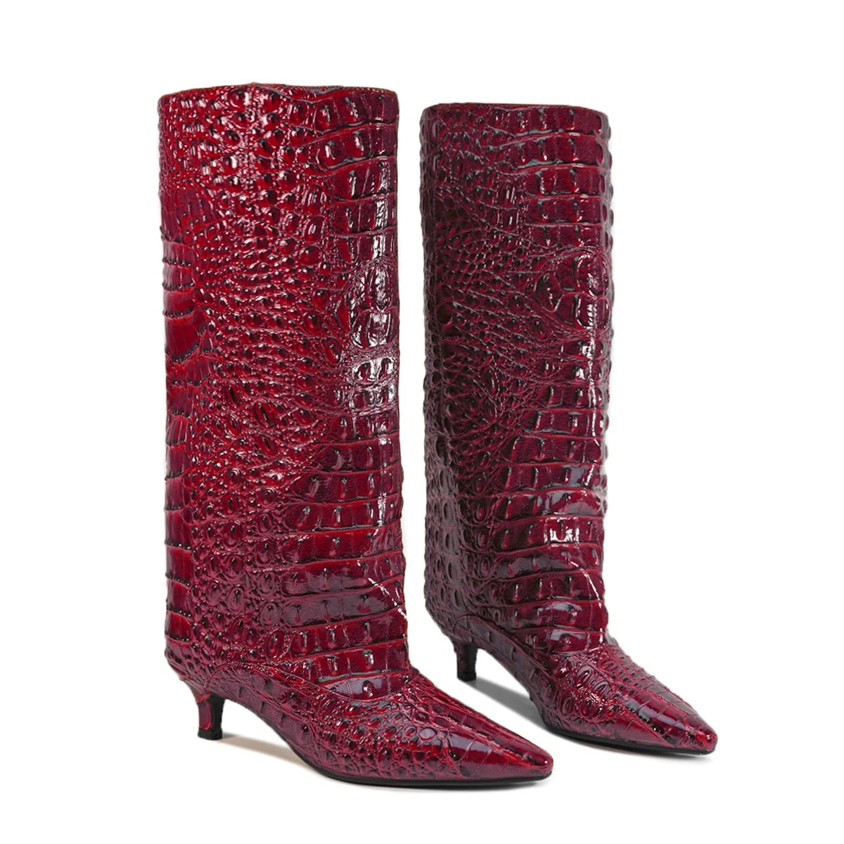 Crocodile Print Wide Shaft Kitten Heel Knee High Boots for Women