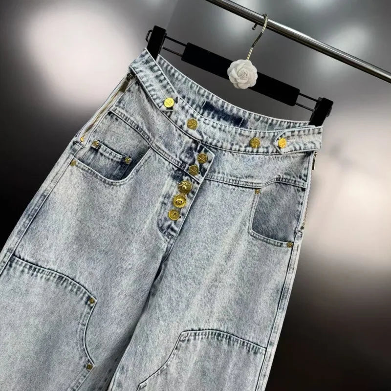 ANJY Autumn New Women's Streetwear Y2K Chic Fashion Safari Style Niche Personality Spliced Button Jeans Casual Denim Pants A7689