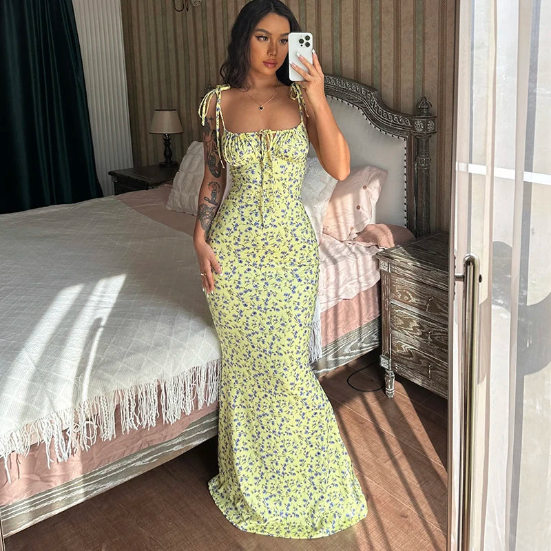 Sleeveless Floral Print Lace Up Backless Maxi Dress for Women