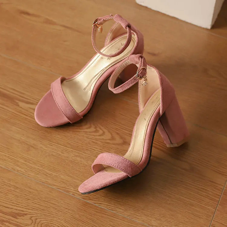 Beige Suede Rhinestone Block Heel Sandals