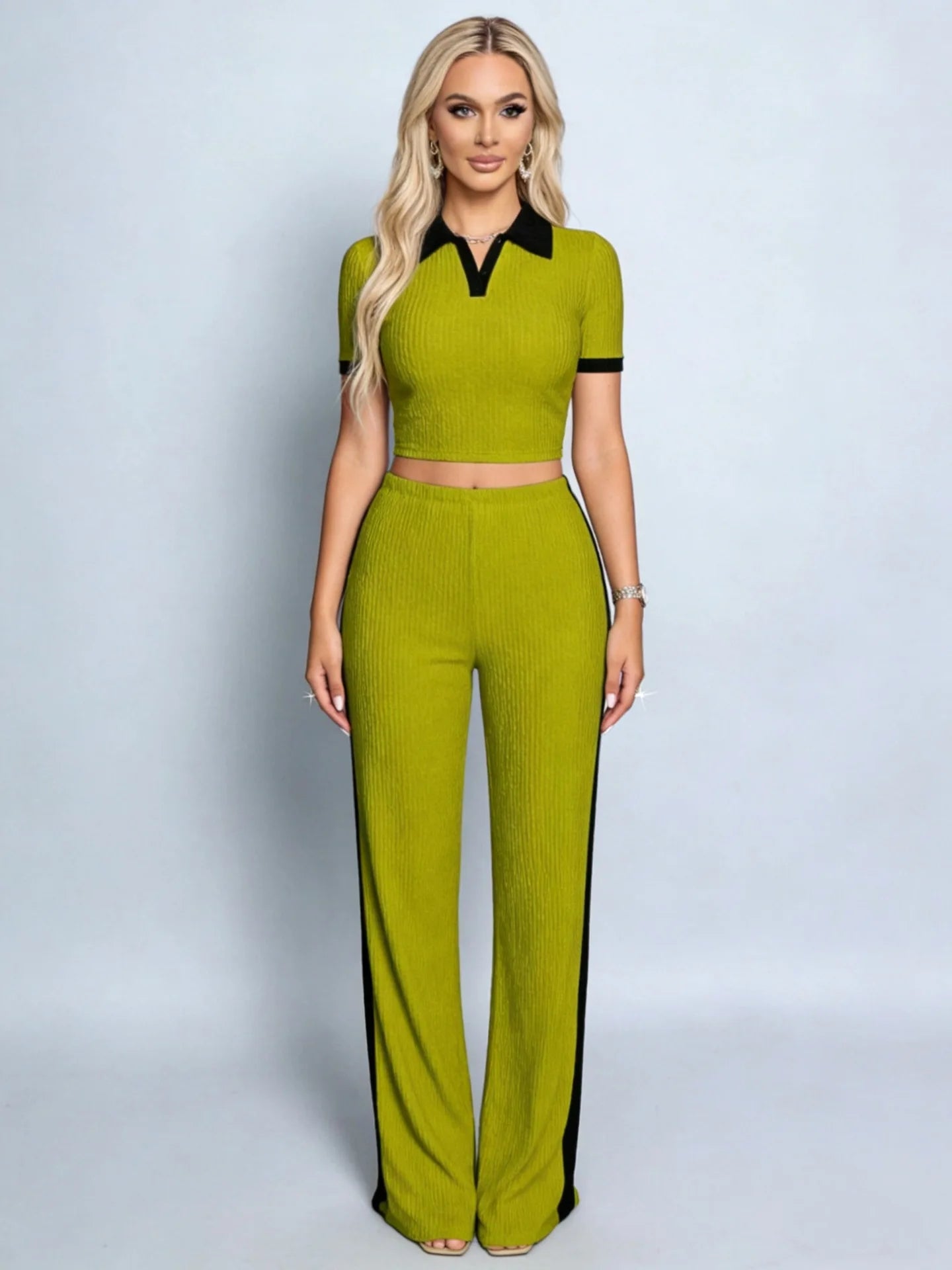 2026 Polo Neck Color Block Knitted Short Top High Waist Wide Leg Pants Set Two-Piece Set Striped Pattern Casual Wear