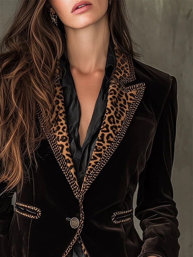 Elegant Leopard Print Velvet Blazer Jacket for Women