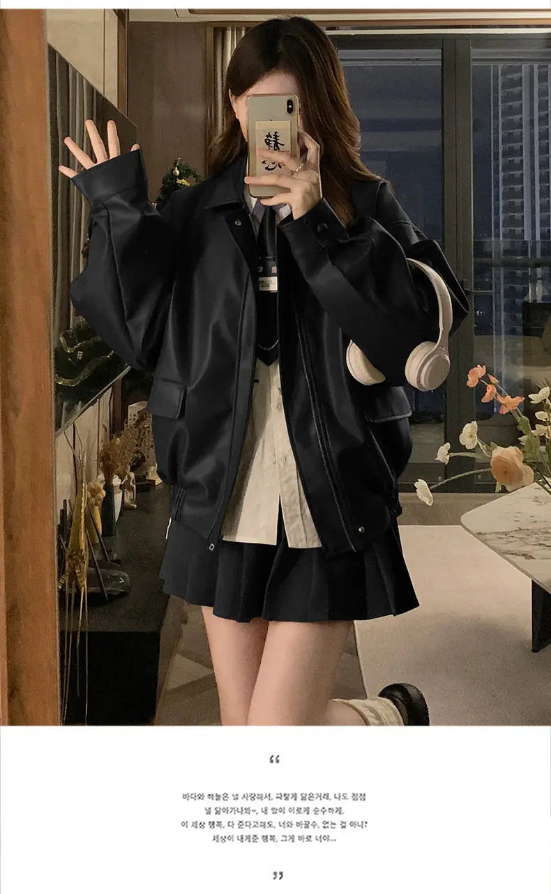 Short American Retro PU Leather Baseball Jacket for Women