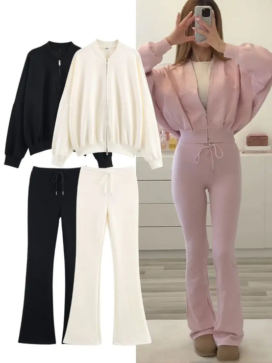 Solid Pilot Jacket With Flare Pants Set