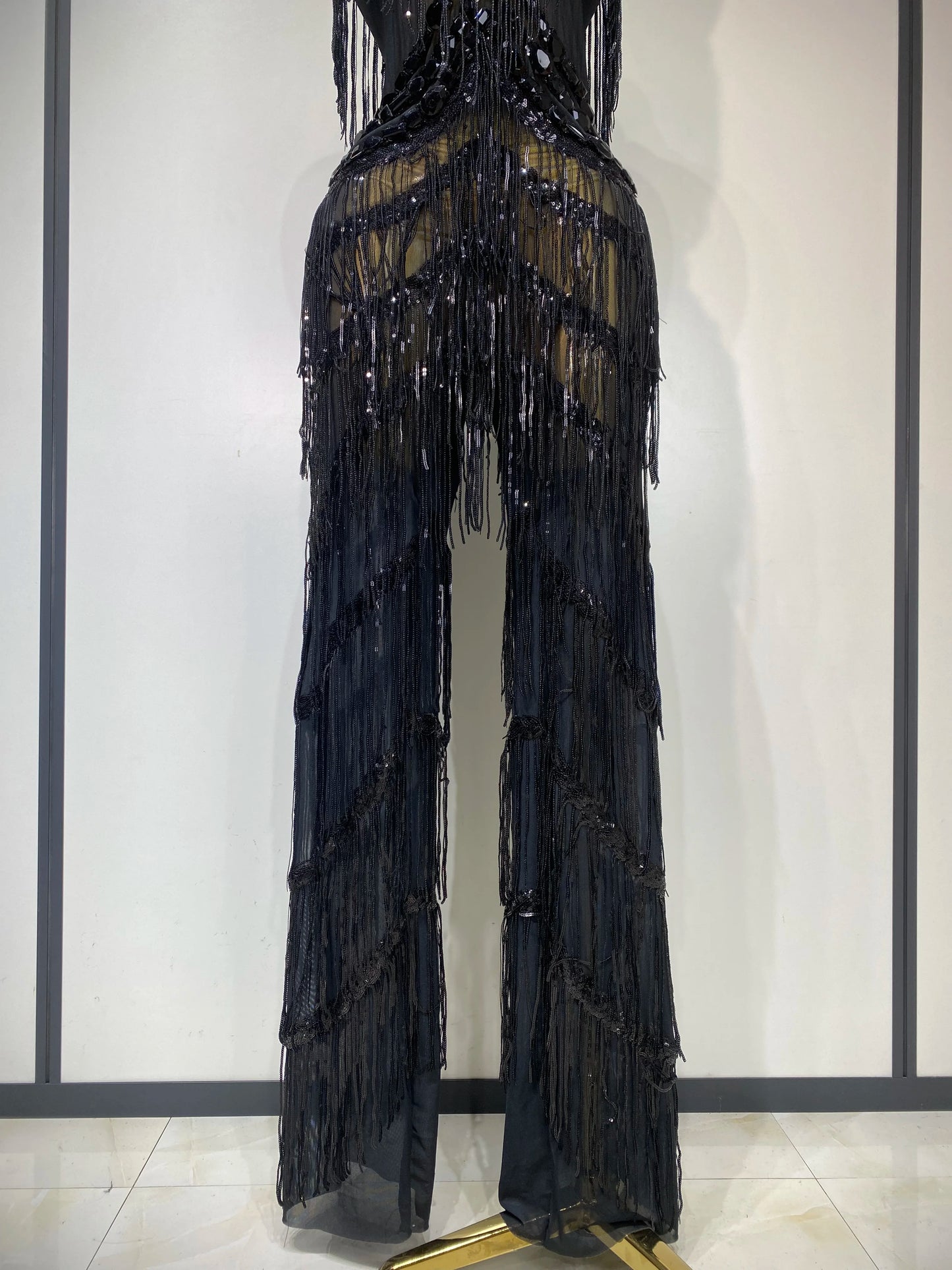 Gold Rhinestones Fringe Jumpsuit