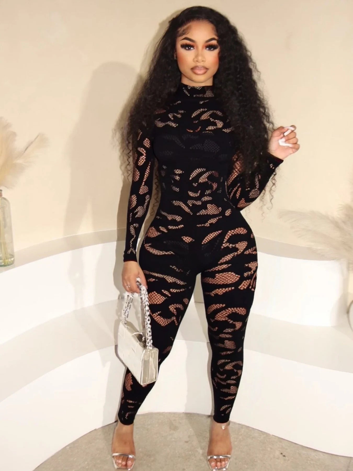 Peach See Through Jumpsuit With O Neck And Long Sleeves for Women