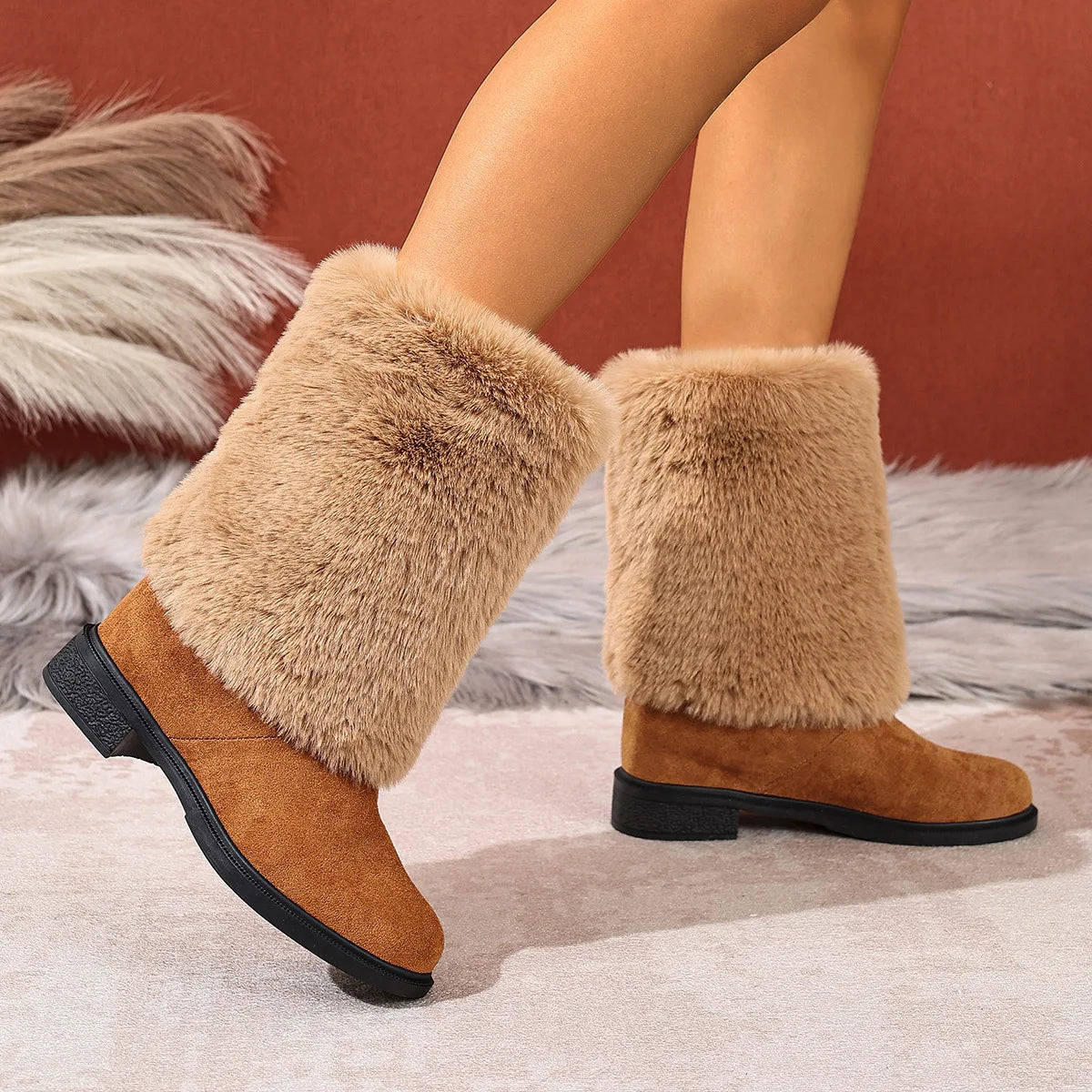 Plush Faux Fur Slip On Mid Calf Winter Snow Boots For Women