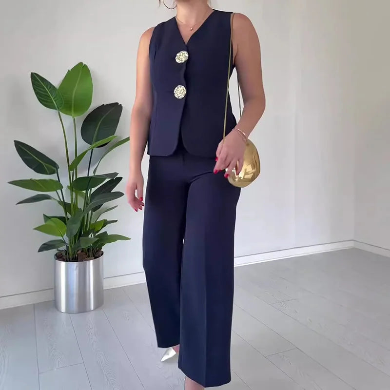 Women Summer Cardigan Top Chic Outfit, Solid Patchwork Wide Leg Pants Matching Sets, Sleeveless V Neck Ladies Suits Streetwear