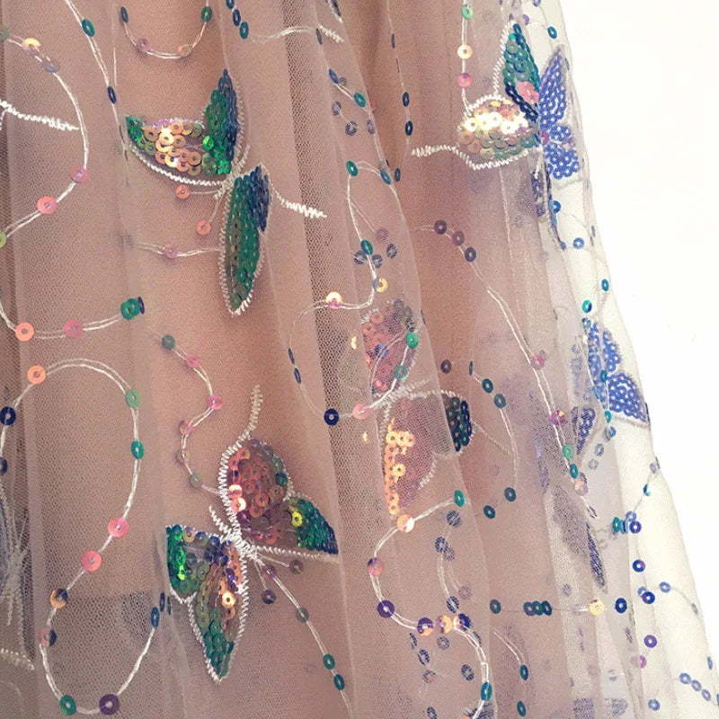 Pink Tulle High Waist Iridescent Sequin Butterfly Embroidery Skirt for Women