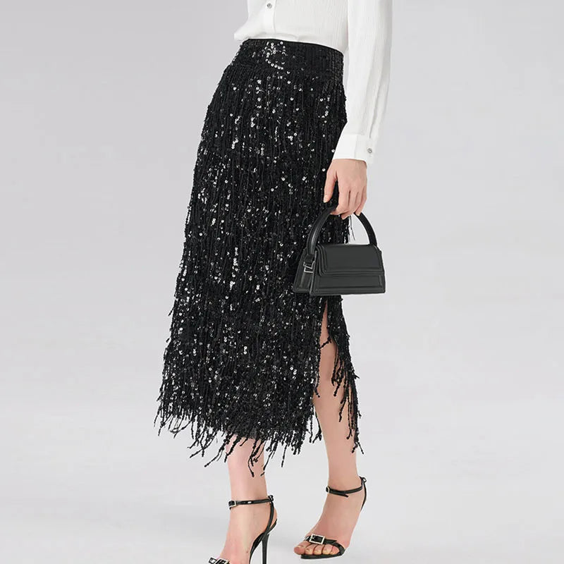 High Waist Sequined Split Tassel Midi Skirt for Women