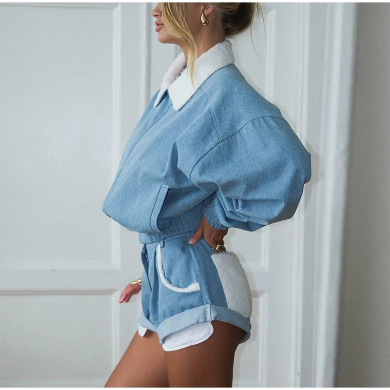 Contrast Lapel Zip Up Denim Jacket and Trousers Set for Women