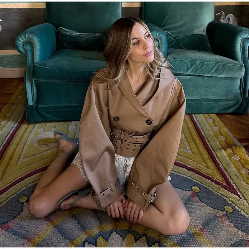 Khaki Cotton Blended Double Breasted Puff Sleeve Coat For Women