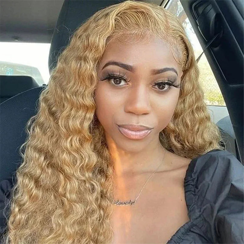 Honey Blonde Curly Human Hair Lace Front Wig for Women