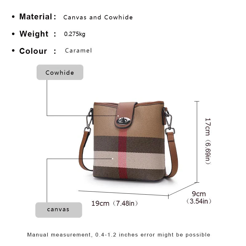 Elegant Plaid Genuine Leather Bucket Bag for Women