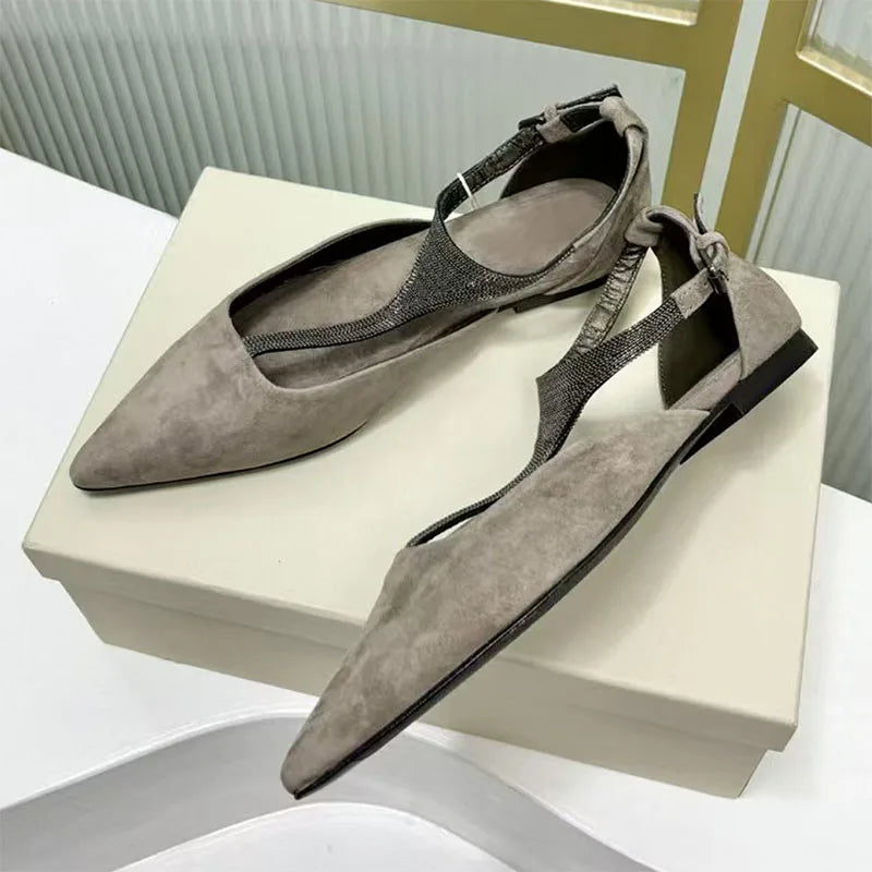 Genuine Leather Pointed Toe Flats With Beaded Ankle Strap For Women