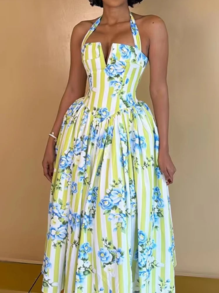 Women Elegant Backless Waist Vacation Dresses Sweet Style Floral Print Formal Party Dress Sexy Halter Sleeveless Bohe Long Dress