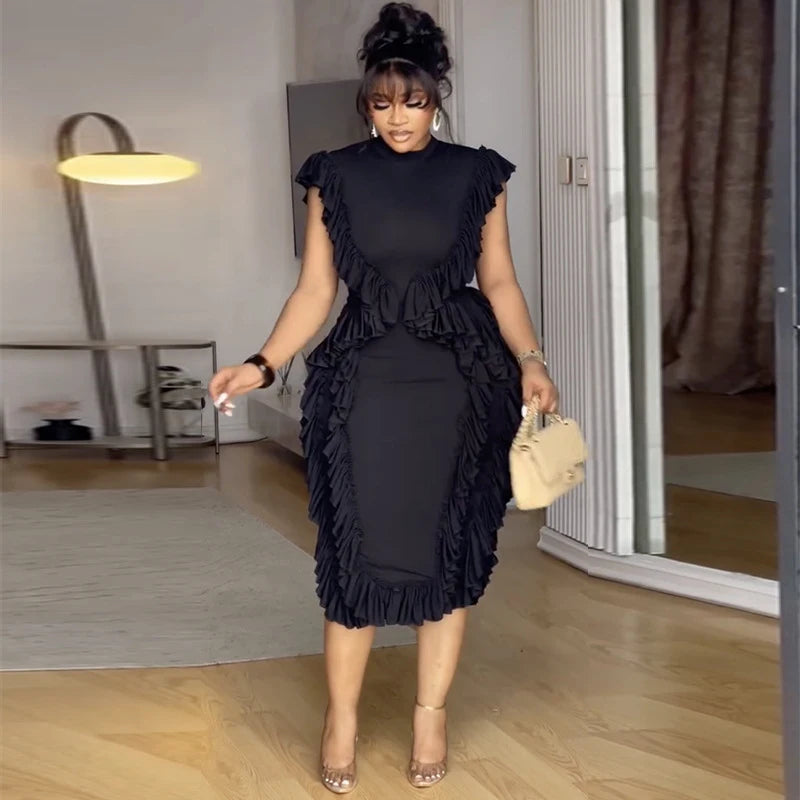 Vintage Ruffle Trim Sleeveless Midi Dress For Women