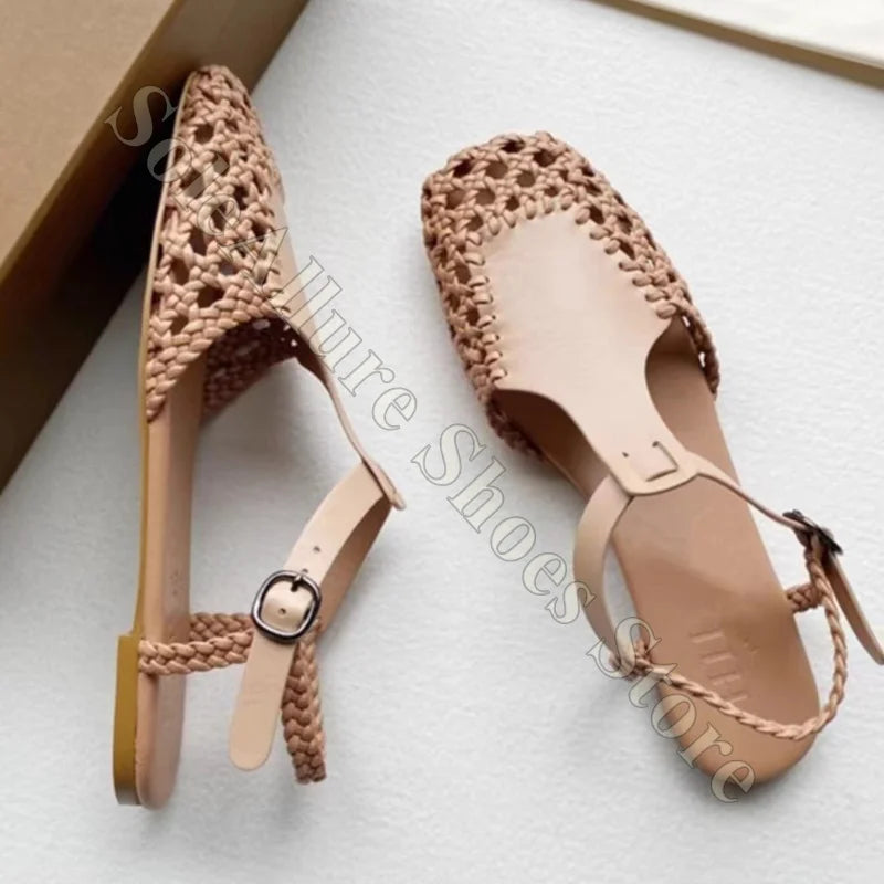 Woven Leather Closed Toe Sandals With Adjustable Buckle For Women