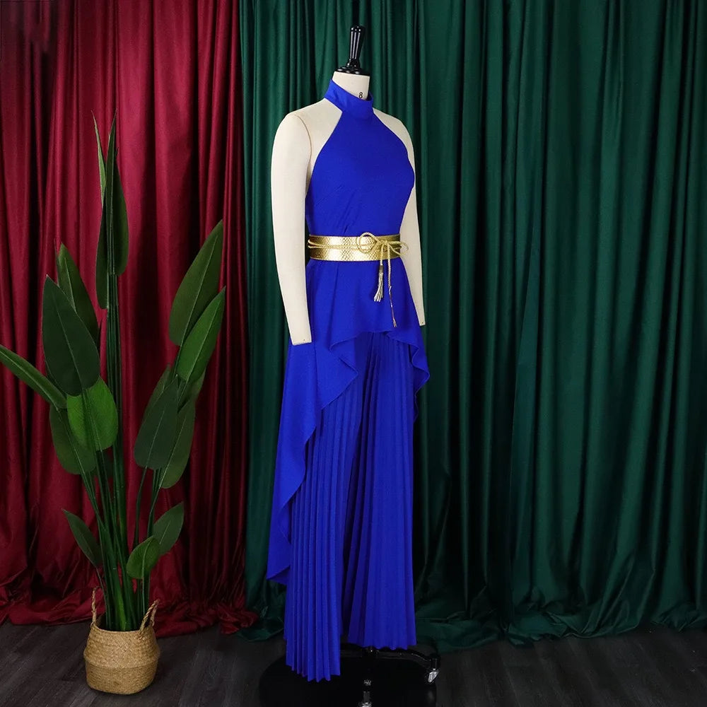 2 Pieces Pants Sets Womens Outfits Blouse Extra Long Sleeveless Backless Belt Waisted & Wide Leg Pants Pleated Floor Length Sets