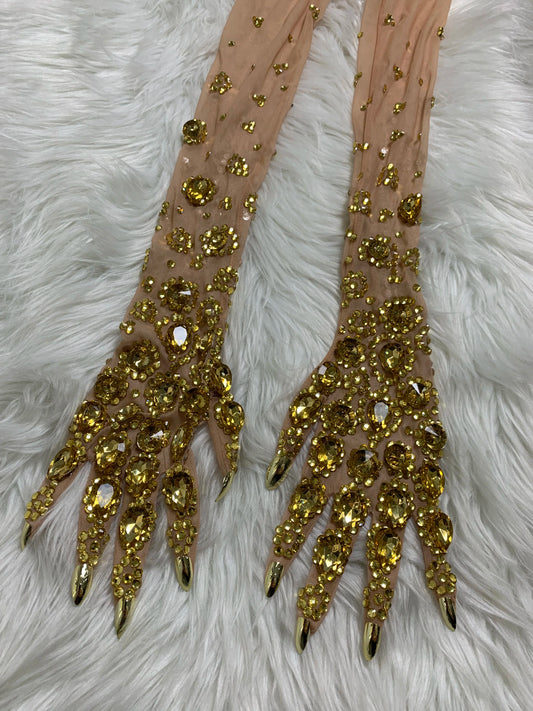 Women Sexy Luxury Gold Rhinestones Mesh Long Gloves Dancer Singer Nightclub Stage Party Show Accessories Sparkly Decoration