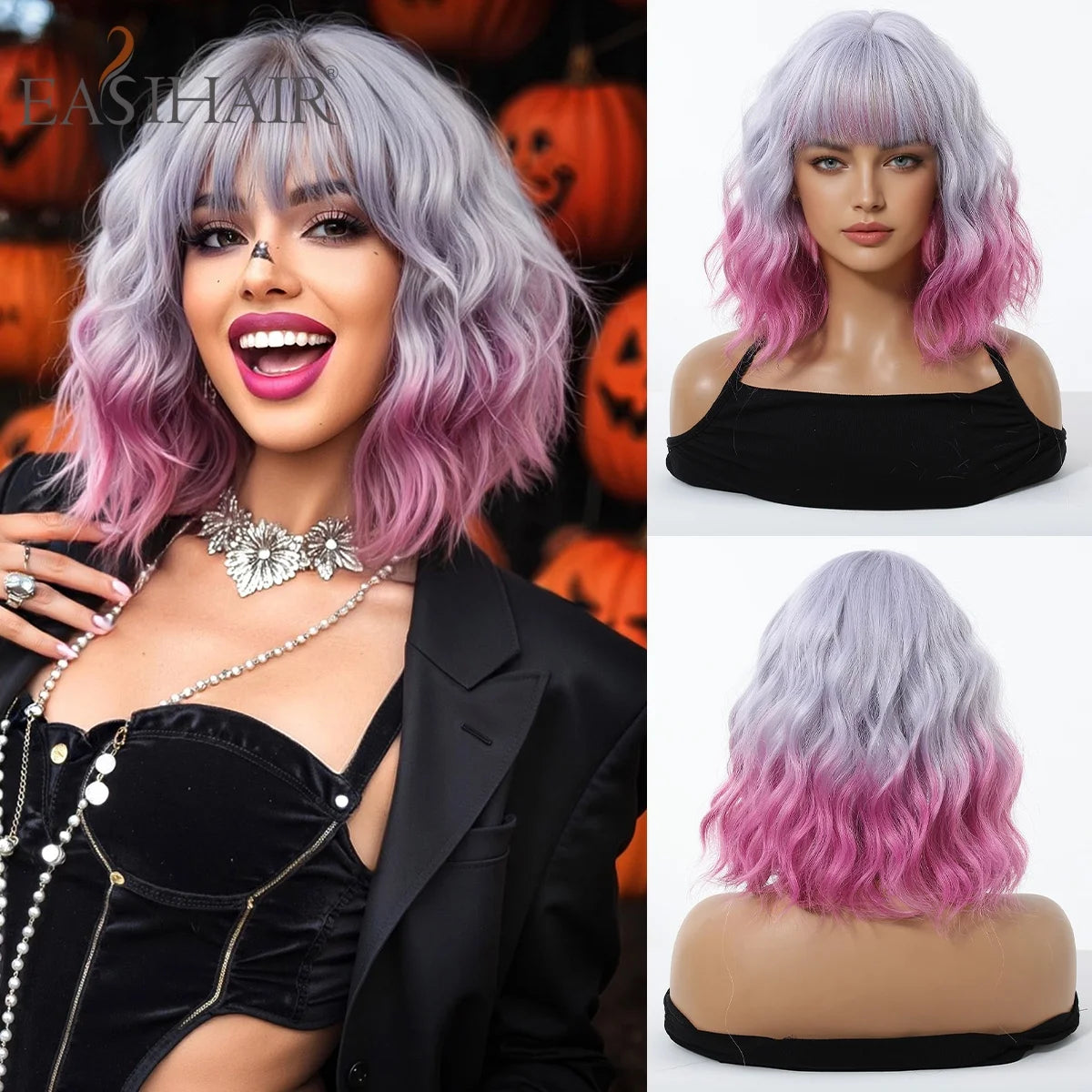Pink Purple Ombre Curly Synthetic Wig With Bangs for Women