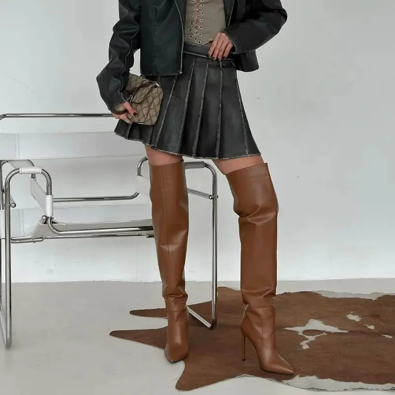 Glossy Brown Pleated Stiletto Over The Knee Pointed Toe Boots for Women