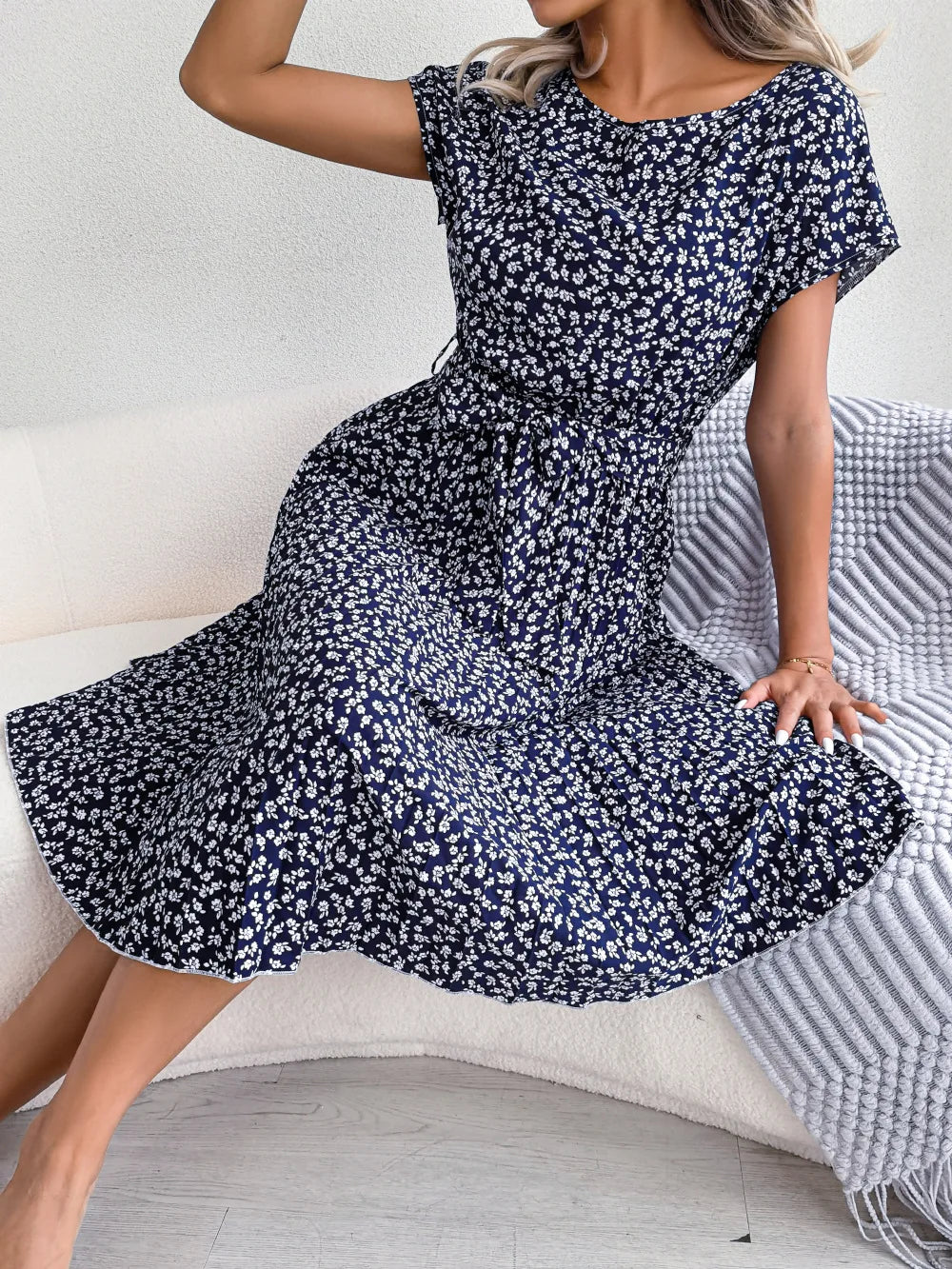 Chic Casual Pleated Short Sleeve Midi Dress for Women