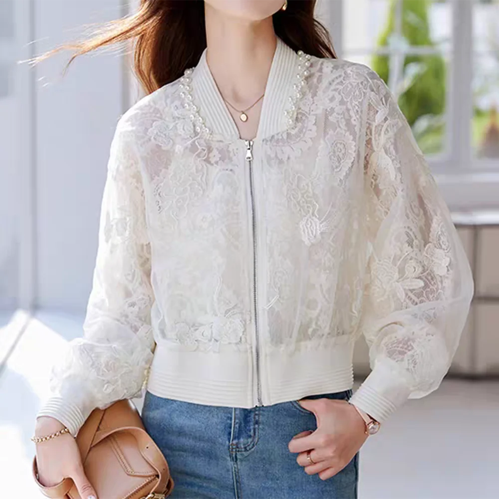 Bead Embroidered Round Neck Baseball Jacket For Women