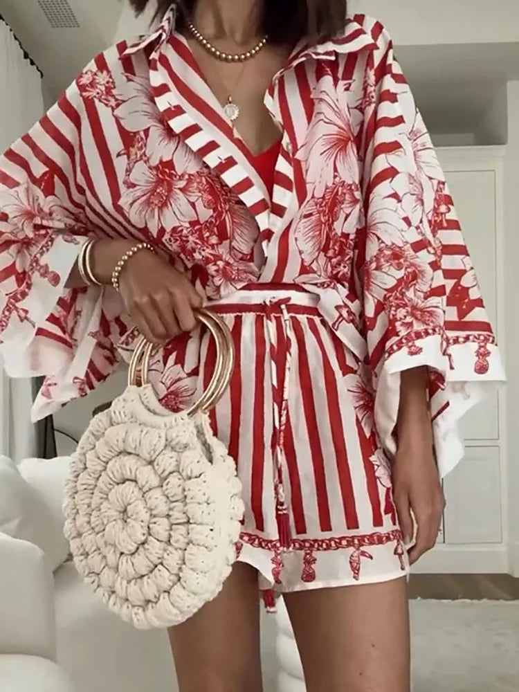 Batwing Sleeve Print Patchwork 2PCS Sets, Women Spring Summer Turn-Down Collar Chic Outfit, New Cardigan Top Shorts Ladies Suits