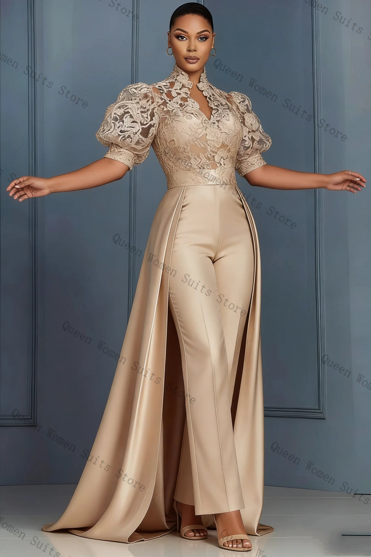 Elegant Champagne Lace Trim Blazer And Pants Suit Set For Women