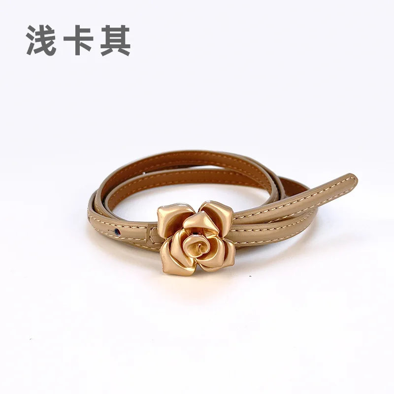 Double Sided Metal Flower Buckle Thin Belt for Women