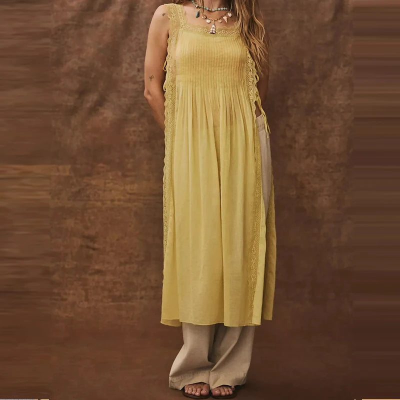 Lace Side Split Beach Pleated Solid Color Maxi Dress for Women