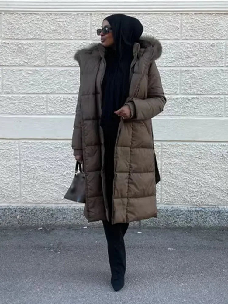 Casual Hooded With Zipper And Lace Up Front And Faux Fur Collar Coat for Women