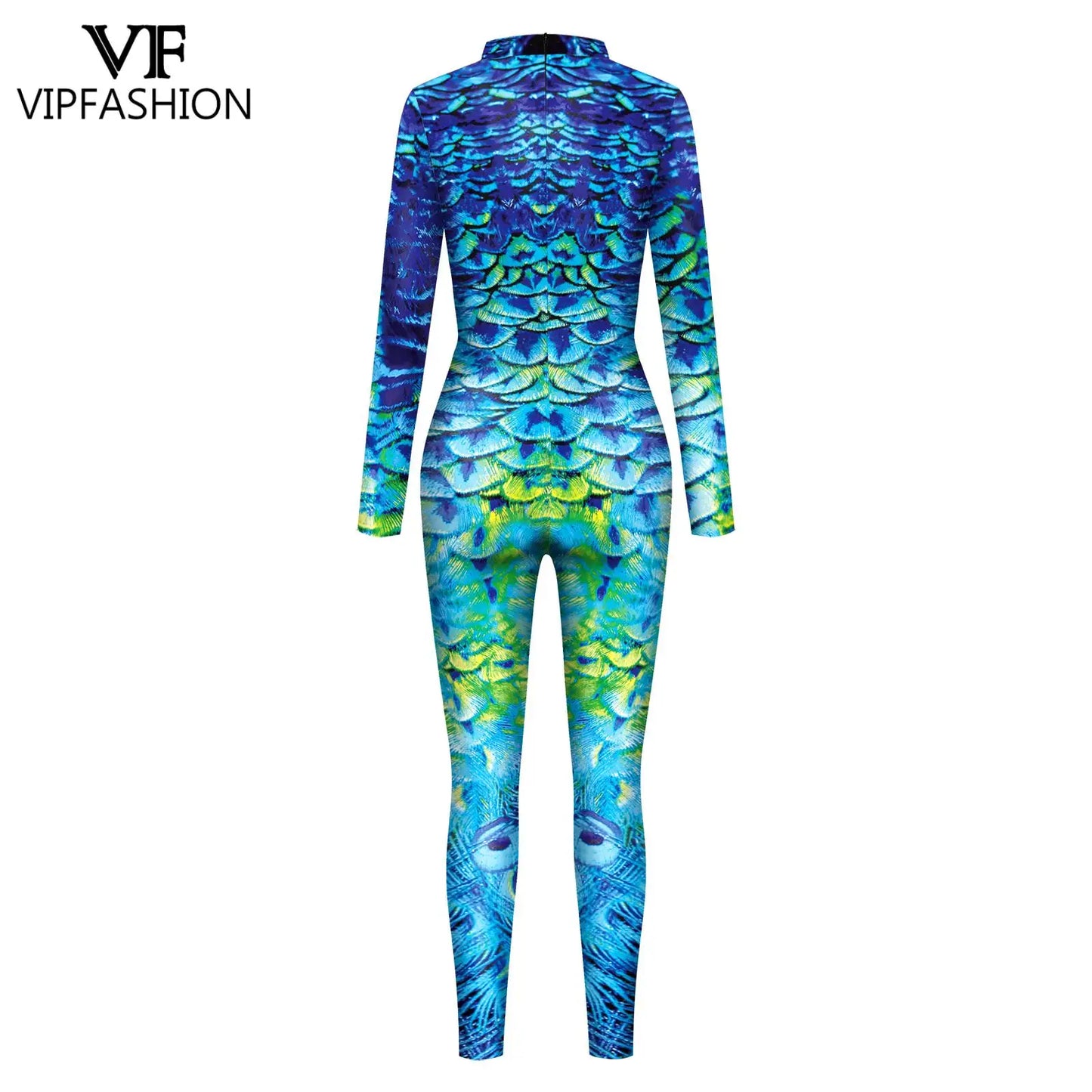 Peacock Feather Print Long Sleeve Elastic Jumpsuit for Women