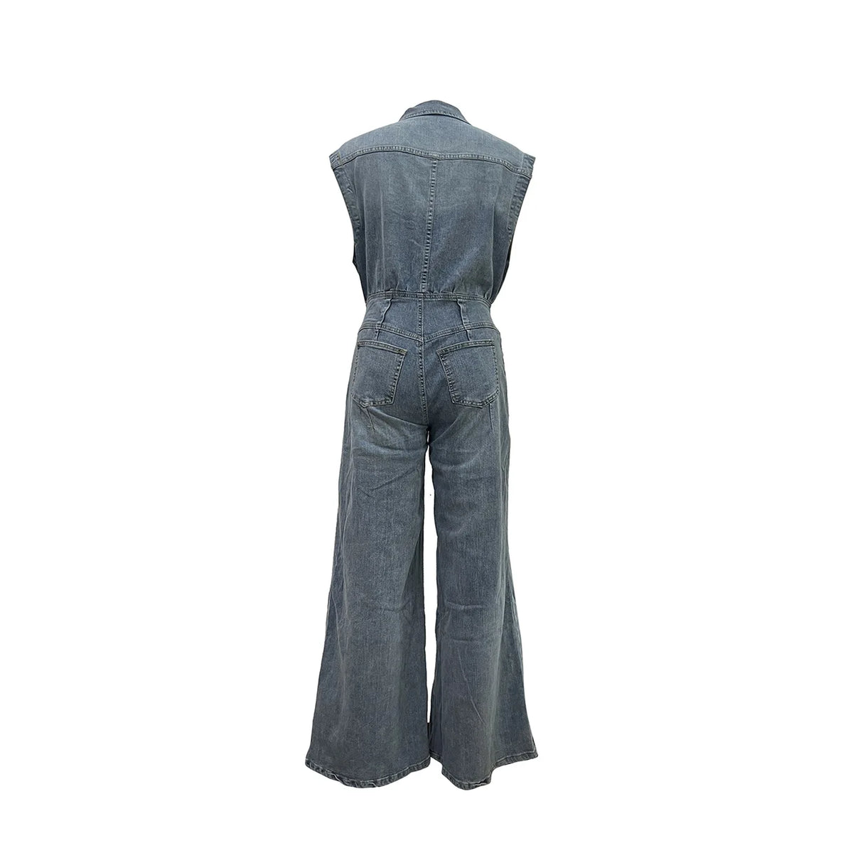 Loose Fit Wide Leg Denim Jumpsuit With Turn Down Collar for Women