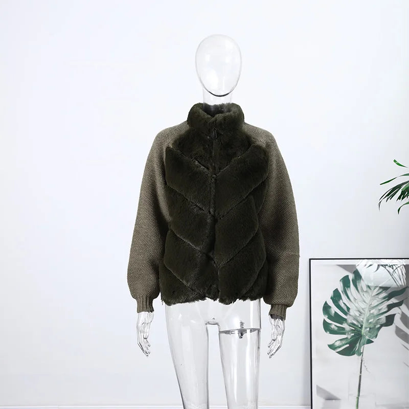 Faux Fur Patchwork Knit Coat With High Collar for Women