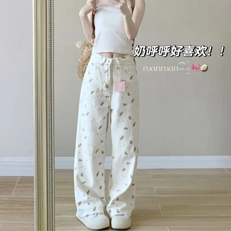 High Rise Wide Leg Printed Denim Pants For Women