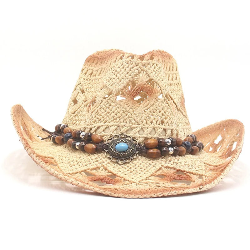 Creative Curled Straw Ethnic Beaded Chain Cowboy Hat for Women