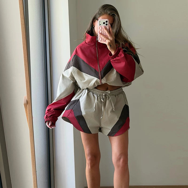 Contrast Color Zip Jacket and Shorts Two Piece Set for Women