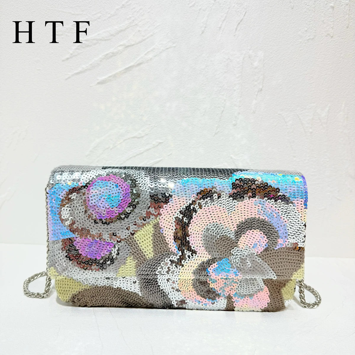 Sequin Floral Embroidered Clutch Bag With Chain for Women