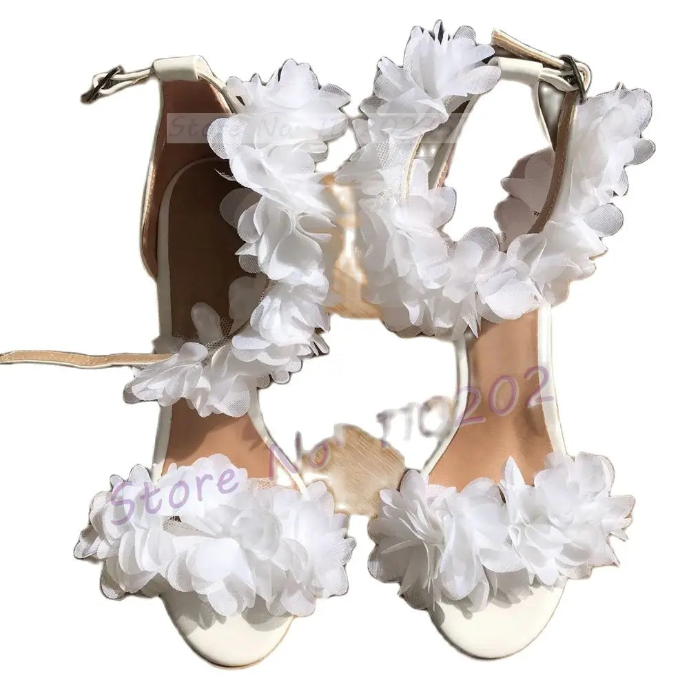 Elegant White Floral Ankle Strap Stiletto Sandals For Women