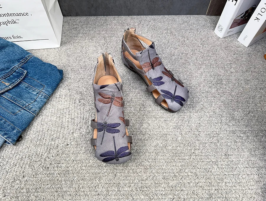 Flat Printed Genuine Leather Roman Sandals for Women