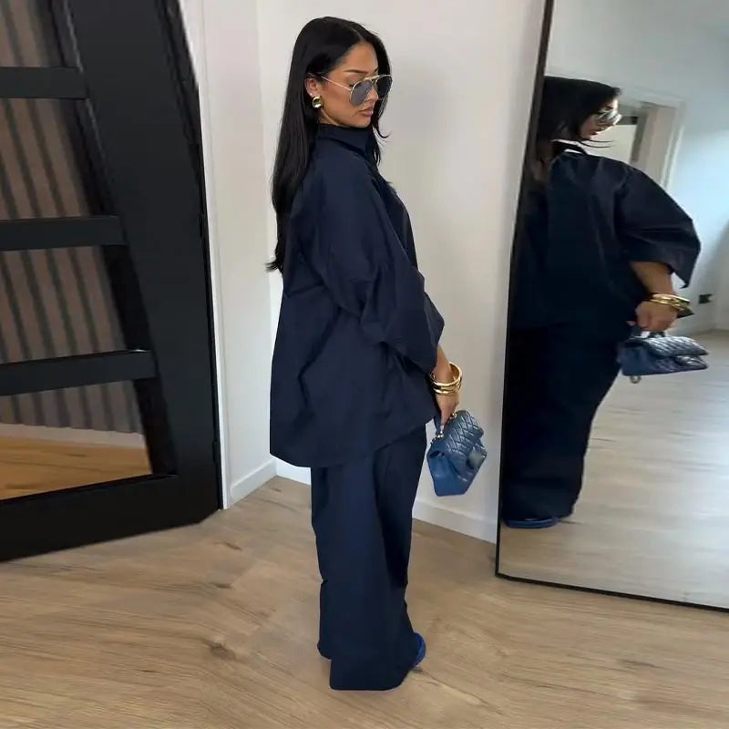 Casual Solid Shirt and Wide Leg Pants Set for Women