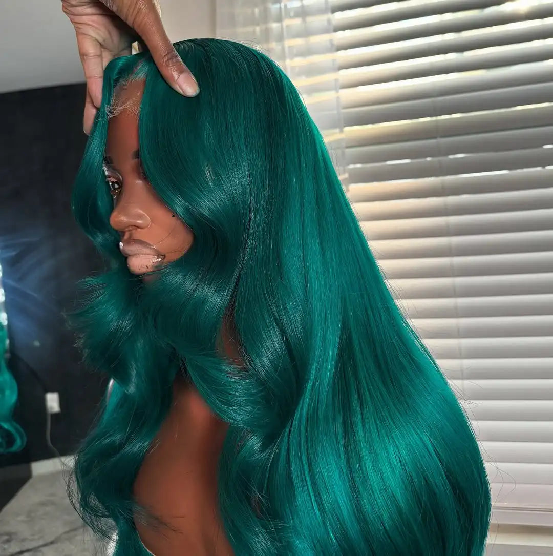 Cyan Green Body Wave Human Hair Lace Front Wig for Women
