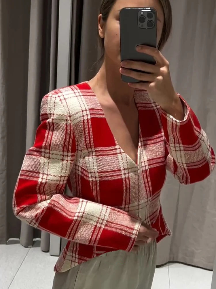Elegant Plaid Long Sleeve V-Neck Single Breasted Jacket for Women