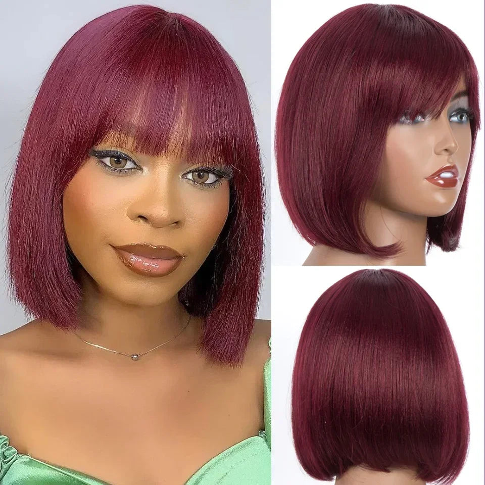 Short Straight Human Hair Bob Wig With Bangs for Women