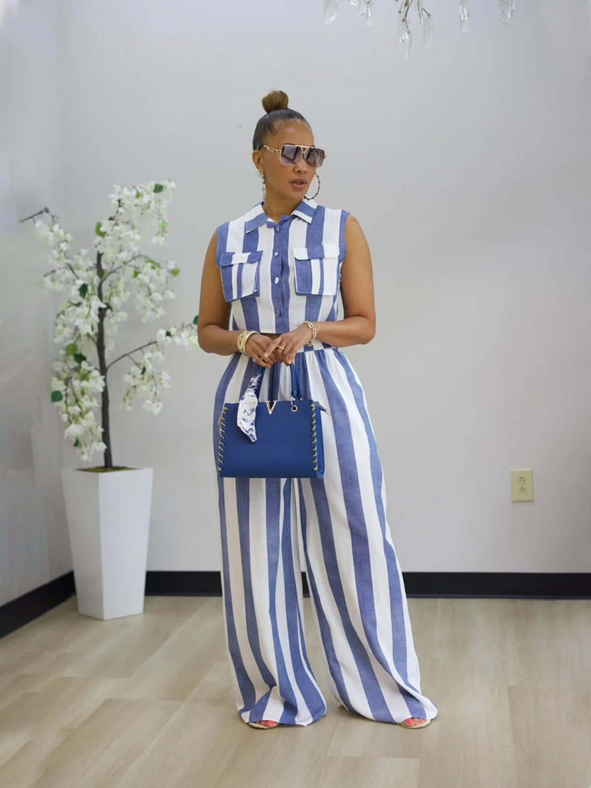 Striped Crop Top and Wide Leg Pants Two Piece Set for Women