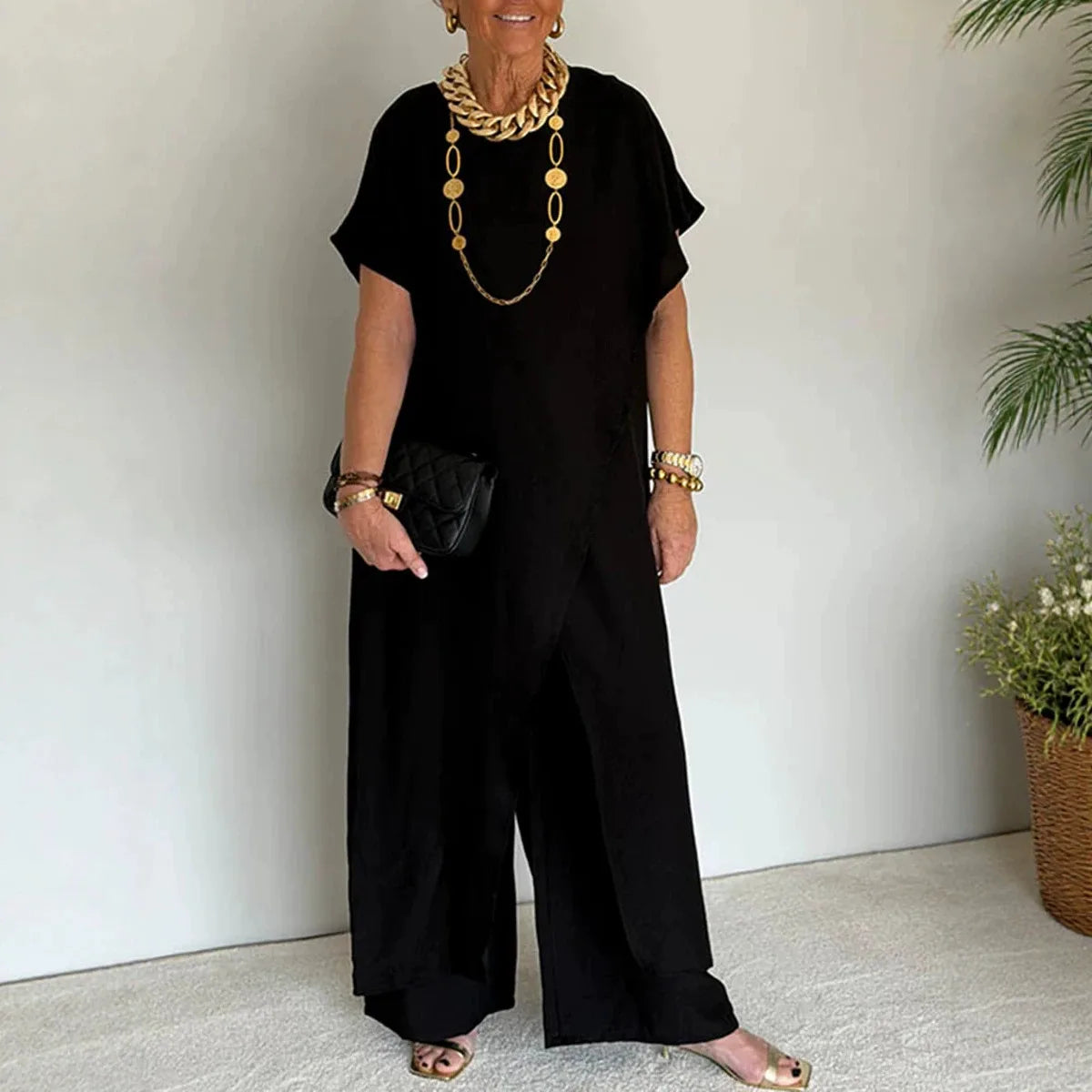 Casual Sleeveless Irregular Long Top Wide Leg Pants Two Piece Set for Women
