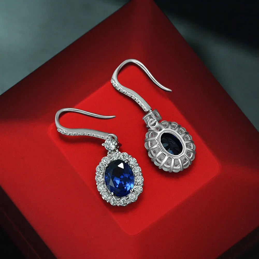 Drop Earrings With Oval Cut Ruby And Sapphire Stones In Sterling Silver 925, Vintage Style